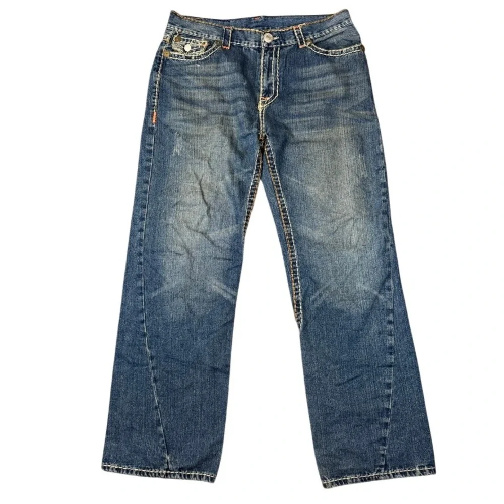 True Religion Super T Straight Leg Jeans Blue Contrast Stitch Mens 34 x 31.5